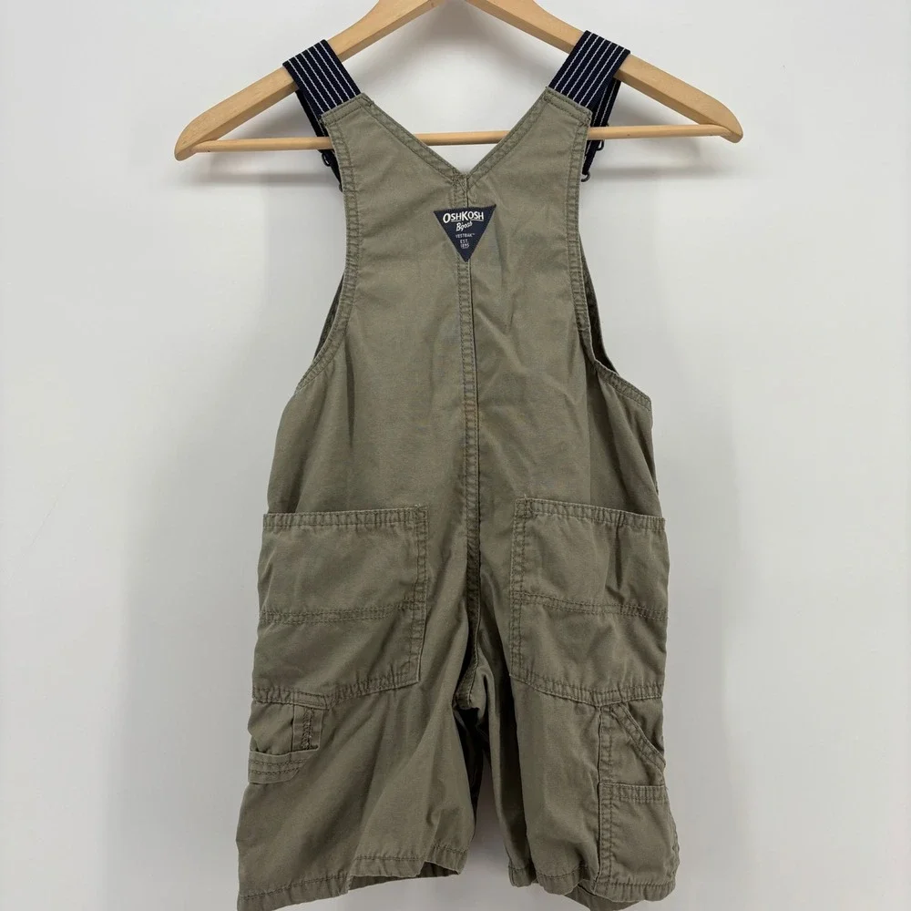 OshKosh B'gosh Kids Canvas Overalls 5T Olive Green Vestbak Striped Straps Gorp